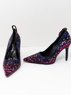 NEW Azalea Wang Teagan Black Multi Rhinestone Crystal Ankle Strap Pump Heels 6.5